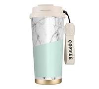 316 Stainless Steel Eco-Friendly Travel Office Mug Wall Travel Car Cup Coffee Cup with Lanyard, Real White Marble Half Pastel Mint Green,White