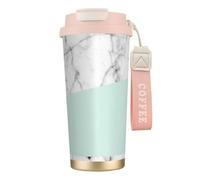 316 Stainless Steel Eco-Friendly Travel Office Mug Wall Travel Car Cup Coffee Cup with Lanyard, Real White Marble Half Pastel Mint Green,Pink