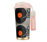 316 Stainless Steel Eco-Friendly Travel Office Mug Wall Travel Car Cup Coffee Cup with Lanyard, Retro Vintage Vinyl Record,Pink