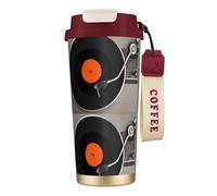 316 Stainless Steel Eco-Friendly Travel Office Mug Wall Travel Car Cup Coffee Cup with Lanyard, Retro Vintage Vinyl Record,Red