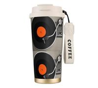 316 Stainless Steel Eco-Friendly Travel Office Mug Wall Travel Car Cup Coffee Cup with Lanyard, Retro Vintage Vinyl Record,White