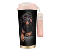 316 Stainless Steel Eco-Friendly Travel Office Mug Wall Travel Car Cup Coffee Cup with Lanyard, Rottweiler Loving Confident and Loyal,Pink