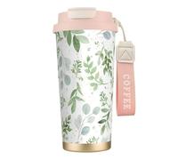 316 Stainless Steel Eco-Friendly Travel Office Mug Wall Travel Car Cup Coffee Cup with Lanyard, Sage Green Leaves,Pink