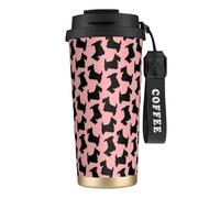 316 Stainless Steel Eco-Friendly Travel Office Mug Wall Travel Car Cup Coffee Cup with Lanyard, Scottish Terrier Pattern Pink Black,Black