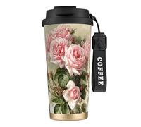 316 Stainless Steel Eco-Friendly Travel Office Mug Wall Travel Car Cup Coffee Cup with Lanyard, Shabby Chic Pink Victorian Roses,Black