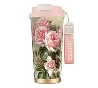 316 Stainless Steel Eco-Friendly Travel Office Mug Wall Travel Car Cup Coffee Cup with Lanyard, Shabby Chic Pink Victorian Roses,Pink