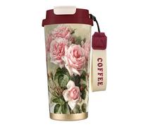 316 Stainless Steel Eco-Friendly Travel Office Mug Wall Travel Car Cup Coffee Cup with Lanyard, Shabby Chic Pink Victorian Roses,Red