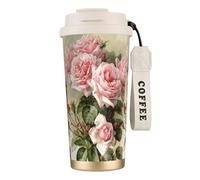 316 Stainless Steel Eco-Friendly Travel Office Mug Wall Travel Car Cup Coffee Cup with Lanyard, Shabby Chic Pink Victorian Roses,White