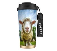 316 Stainless Steel Eco-Friendly Travel Office Mug Wall Travel Car Cup Coffee Cup with Lanyard, Sheep Looking Camera,Black