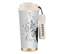 316 Stainless Steel Eco-Friendly Travel Office Mug Wall Travel Car Cup Coffee Cup with Lanyard, Torn Vinyl Record and Musical Notes Flying in The Air,White