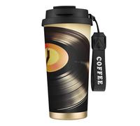 316 Stainless Steel Eco-Friendly Travel Office Mug Wall Travel Car Cup Coffee Cup with Lanyard, Vinyl Records Print,Black
