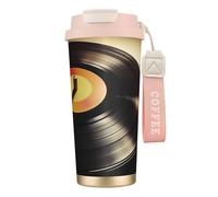 316 Stainless Steel Eco-Friendly Travel Office Mug Wall Travel Car Cup Coffee Cup with Lanyard, Vinyl Records Print,Pink