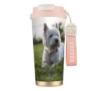316 Stainless Steel Eco-Friendly Travel Office Mug Wall Travel Car Cup Coffee Cup with Lanyard, Westie Lawn West Highland White Terrier Dogs,Pink