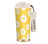 316 Stainless Steel Eco-Friendly Travel Office Mug Wall Travel Car Cup Coffee Cup with Lanyard, White Aster Daisy Yellow,White