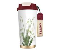 316 Stainless Steel Eco-Friendly Travel Office Mug Wall Travel Car Cup Coffee Cup with Lanyard, White Snowdrop Flower Botanical Watercolor Painting,Red