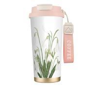 316 Stainless Steel Eco-Friendly Travel Office Mug Wall Travel Car Cup Coffee Cup with Lanyard, White Snowdrop Flower Botanical Watercolor Painting,Pink