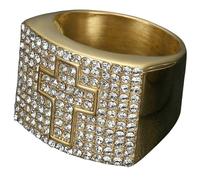 316L Stainless Steel Gold Plated Full CZ Cross Men's Ring Hip Hop Jewelry Bling Accessory Gift