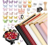 318Pcs Flower Bouquet Wrapping Paper Kit, 60 Sheets Waterproof Floral Paper with 3D Butterflies Crowns Rhinestone Pearl Pins Bamboo Skewers Ribbons, Florist Wrapping for Valentines Birthday Graduation