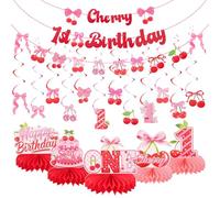 31Pcs Cherry 1st Birthday Decorations Sweet One Bow Cherry Party Decorations Cherry Honeycomb Table Centerpieces for Baby Girls 1st Birthday Party Decorations