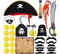 31Pcs Pirate Costume Accessories Set, Fancy Dress Accessory Set for Boys Girls, Kids Pirate Captain Costume, Includes Telescope Sword Eye Patches Mustache Hat Treasure Map