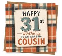 31st Birthday Card, Bold Plaid, Amazing Cousin Wording | Playful lettering on a bold plaid print, with “Happy 31st birthday to an amazing cousin” for a 31st.