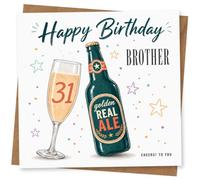 31st Birthday Card for Brother, Beer Bottle & 31 Flute | Beer bottle labelled “golden REAL ALE”, champagne flute with 31, star confetti and “Cheers! To You” for your 31st Brother.