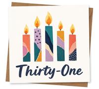 31st Birthday Card for Her, Five Patterned Candles | Celebrate her 31st with five colourful patterned candles above bold handwritten “Thirty-One” lettering.
