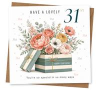 31st Birthday Card for Her, Floral Gift Box and Confetti | Watercolour flowers bursting from a striped gift box, with “Have a Lovely 31st” and “You’re so special in so many ways”.