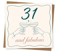 31st Birthday Card for Her, Teal Border, Champagne Toast | For her 31st: two hands clinking champagne glasses, sparkles and “31 and fabulous”, framed by a teal line border.