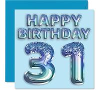 31st Birthday Card for Men - Blue Glitter Party Balloon - Happy Birthday Cards for 31 Year Old Man Brother Friend Uncle Dad, 145mm Bday Greeting Cards Gift