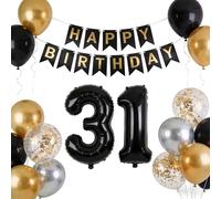31st Birthday Decorations for Men, Birthday Banner Black Metallic Gold Silver Number 31 Foil Balloon Latex Confetti Balloons for Him Boyfriends Husband 31 Years Party Supplies(31st)
