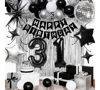 31st Birthday Decorations for Men Women, Black Silver Happy Birthday Party Decorations， 31 Year Old Party Supplies with Number 31 Balloons, Banner, Fringe Curtains Kit