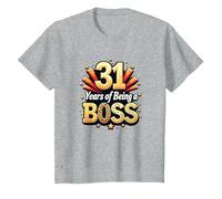 31st Birthday Gift: Years of Being a Boss Celebration T-Shirt, Kids, Heather Grey, 8 Years
