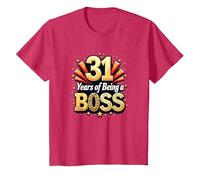 31st Birthday Gift: Years of Being a Boss Celebration T-Shirt, Kids, Red Heather, 10 Years