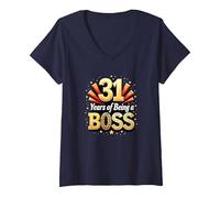 31st Birthday Gift: Years of Being a Boss Celebration V-Neck T-Shirt, Women, Navy, M