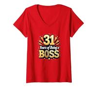 31st Birthday Gift: Years of Being a Boss Celebration V-Neck T-Shirt, Women, Red, S