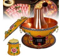 32/34/36cm Pure Copper China Chafing Dishes(Electric/Carbon Dual Purpose), Double-Boiled Hot Pot (Satisfying 2 Tastes), 360° Circulation Heating, Easy to Clean(Yellow,32cm)