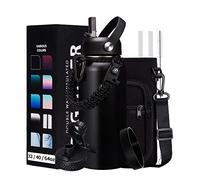 32-40-64OZ Stainless Steel Water Bottle - Black Water Bottle with Straw & Spout Lid, Paracord Handle & Bottle Sleeve, Insulated Vacuum Water Flask Double-Wall Metal Thermo Cup Canteen for Gym School