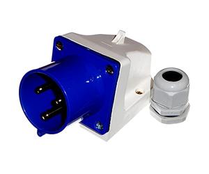 32 Amp 3 Pin Blue IP44 Appliance Inlet with Gland 2PE - Single Phase - 220V 230V 240V 250V - Indoor/Outdoor IEC309-2