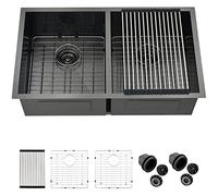 32 Black Undermount Double Bowl Kitchen Sink, ZDHHT Handmade Black 304 Stainless Steel 16 Gauge 32 x 19 x 10 Inches Double Bowl 50/50 Divide Undermount Kitchen Sink Basin