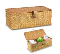 32 cm x 12 cm x 10 cm Seagrass Basket with Lid, Rectangular Woven Rattan Storage, Hand Woven Basket with 3 Compartments for Bathroom, Living Room, Kitchen (Light Orange)