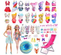32 Doll Clothes Beach Swimwear Set, 5 Swimsuits Bikini 1 Skirt Coloured Gauze Jacket Swimming Ring Beach Chair Rescue Tool Set 2 Mini Resin Animals 16 Accessories for 11.5 Inch Girl Dolls Gifts