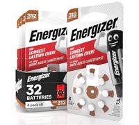 32 Energizer Acoustic Batteries for Ear Hearing Aids Size 312 Brown - 4 Blister Packs of 8 Batteries
