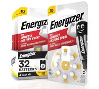 32 Energizer Acoustic Batteries for Hearing Aids Size 10 Yellow with PowerSeal Technology - 4 Blister Packs of 8 Batteries