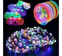 32 Glow in the Dark Party Supplies, Glow Sticks Bulk Party Pack ,8 PCS LED Flower Crowns, 8 Pcs LED Glasses ,16PCS Bracelets Set for Neon Part y Decorations, Wedding