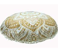 32" Gold Mandala Barmeri Large Floor Pillow Cover Cushion Meditation Seating Ottoman Throw Cover Hippie Decorative Zipped Bohemian Pouf Ottoman Poufs, Pom Pom Pillow Cases Gold White Flower