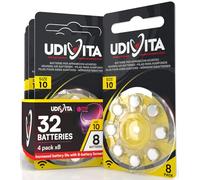 32 Hearing Aid Batteries Size 10 Udivita (Yellow) PR70 Zinc-Air with Phono Pulse Technology - 4 Blisters of 8 Batteries
