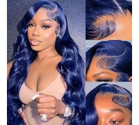 32 Inch Blue Lace Front Wig Human Hair 33 x 4 cm Navy Blue Wavy Lace Frontal Wig Human Hair for Black Women 180% Density Glueless Dark Blue Wig Human Hair Pre Plucked