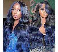 32 Inch Skunk Stripe Blue Lace Front Wigs - Human Hair Body Wave Ombre Highlight Royal Blue 13x4 Lace Front Wigs 150% 1B/blue Highlight