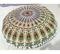32" Mandala Large Floor Pillow Cover Meditation Cushion Hippie Round Colourful Decorative Bohemian Accent Boho Chic dog bed Indian Pouf Ottoman Handmade COVER ONLY (Elephant) (Peacock-Yellow)